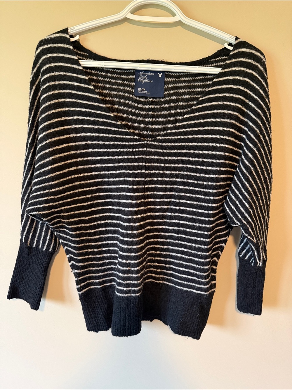 American Eagle Boho Striped Slouchy Dolman Sweater Black White V-Neck Knit XS